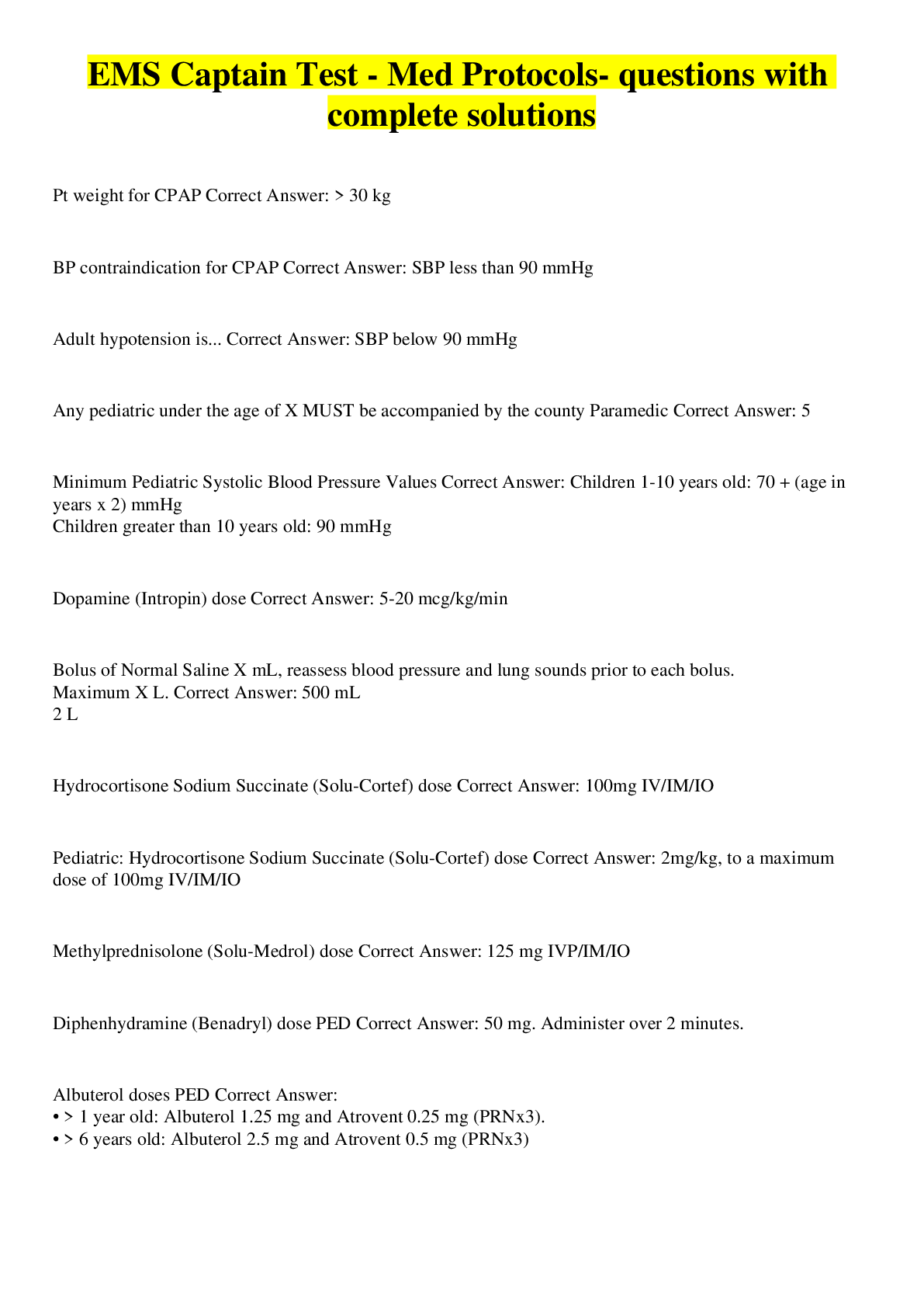 Preview image for EMS Captain Test - Med Protocols- questions with complete solutions